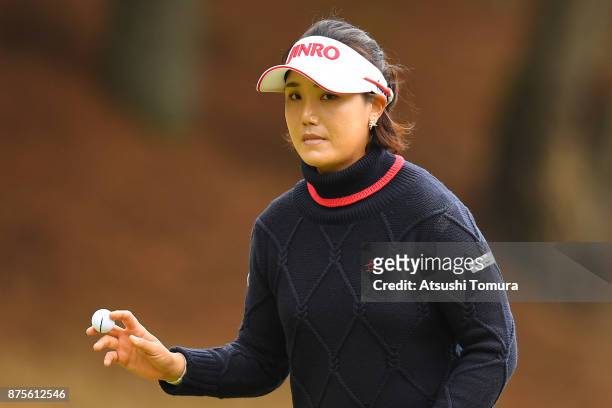 Mi-Jeong Jeon of South Korea reacts during the third round of the Daio Paper Elleair Ladies Open 2017 at the Elleair Golf Club on November 18, 2017...