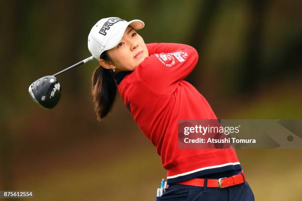 Rie Tsuji of Japan hits her tee shot on the 5th hole during the third round of the Daio Paper Elleair Ladies Open 2017 at the Elleair Golf Club on...