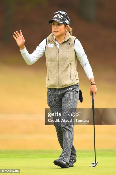 Asako Fujimoto of Japan reacts after making her birdi putt on the 18th hole during the third round of the Daio Paper Elleair Ladies Open 2017 at the...
