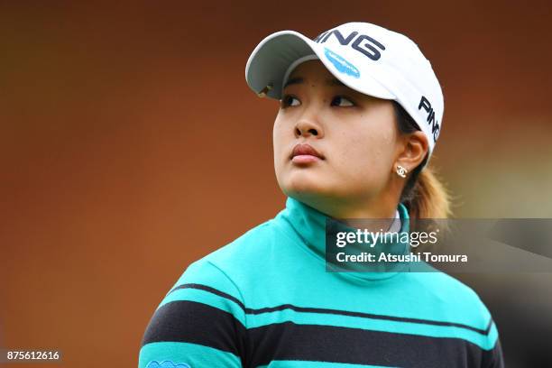 Ai Suzuki of Japan looks on during the third round of the Daio Paper Elleair Ladies Open 2017 at the Elleair Golf Club on November 18, 2017 in...