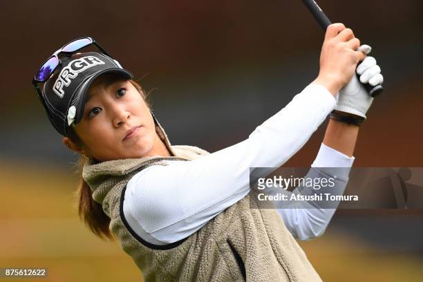 Asako Fujimoto of Japan hits her tee shot on the 3rd hole during the third round of the Daio Paper Elleair Ladies Open 2017 at the Elleair Golf Club...