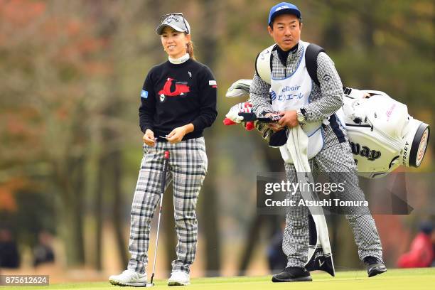 Momoko Ueda of Japan smiles during the third round of the Daio Paper Elleair Ladies Open 2017 at the Elleair Golf Club on November 18, 2017 in...