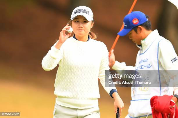 Haruka Morita of Japan reacts during the third round of the Daio Paper Elleair Ladies Open 2017 at the Elleair Golf Club on November 18, 2017 in...