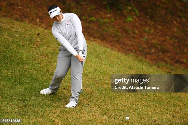 Fumika Kawagishi of Japan chips onto the 4th green during the third round of the Daio Paper Elleair Ladies Open 2017 at the Elleair Golf Club on...