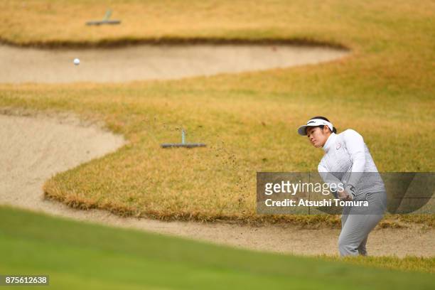 Fumika Kawagishi of Japan hits from a bunker on the 4th hole during the third round of the Daio Paper Elleair Ladies Open 2017 at the Elleair Golf...