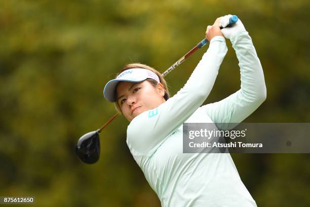 Eri Okayama of Japan hits her tee shot on the 5th hole during the third round of the Daio Paper Elleair Ladies Open 2017 at the Elleair Golf Club on...