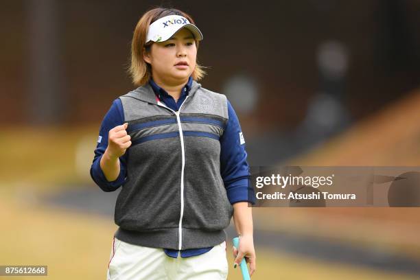 Hiroko Azuma of Japan celebrates after making her birdie putt on the 2nd hole during the third round of the Daio Paper Elleair Ladies Open 2017 at...