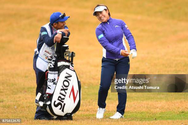 Eri Okayama of Japan smiles during the third round of the Daio Paper Elleair Ladies Open 2017 at the Elleair Golf Club on November 18, 2017 in...