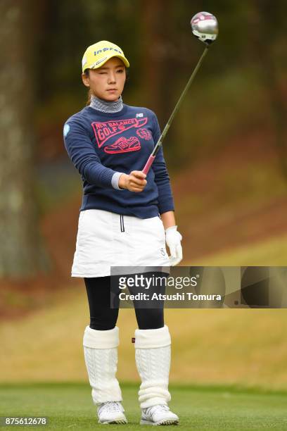 Chie Arimura of Japan lines up her tee shot on the 5th hole during the third round of the Daio Paper Elleair Ladies Open 2017 at the Elleair Golf...