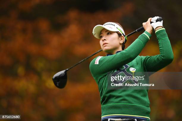 Rikako Morita of Japan hits her tee shot on the 2nd hole during the third round of the Daio Paper Elleair Ladies Open 2017 at the Elleair Golf Club...