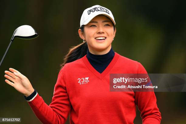 Rie Tsuji of Japan smiles during the third round of the Daio Paper Elleair Ladies Open 2017 at the Elleair Golf Club on November 18, 2017 in...