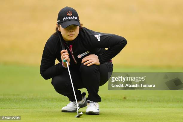 Min-Young Lee of South Korea lines up her putt on the 5th hole during the third round of the Daio Paper Elleair Ladies Open 2017 at the Elleair Golf...