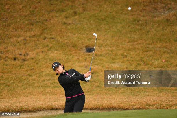 Min-Young Lee of South Korea hits from a bunker on the 5th hole during the third round of the Daio Paper Elleair Ladies Open 2017 at the Elleair Golf...