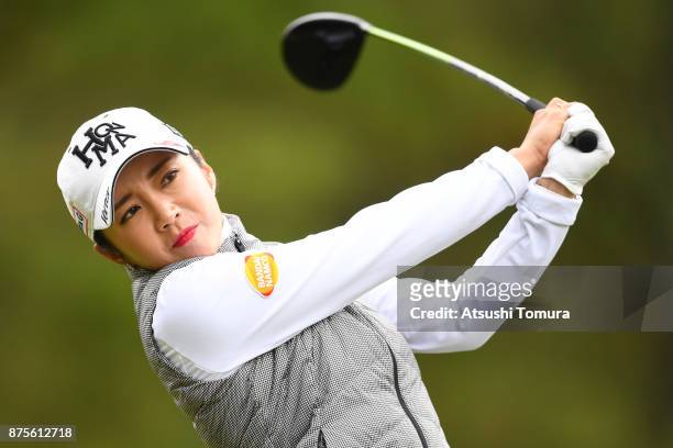 Bo-Mee Lee of South Korea hits her tee shot on the 18th hole during the third round of the Daio Paper Elleair Ladies Open 2017 at the Elleair Golf...