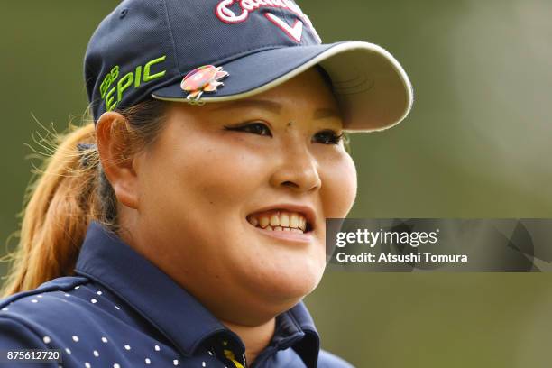 Maaya Suzuki of Japan smiles during the third round of the Daio Paper Elleair Ladies Open 2017 at the Elleair Golf Club on November 18, 2017 in...