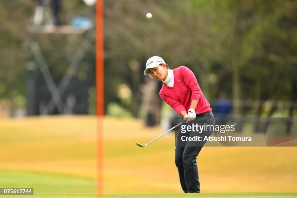 Yoko Maeda of Japan chips onto the 18th green during the third round of the Daio Paper Elleair Ladies Open 2017 at the Elleair Golf Club on November...