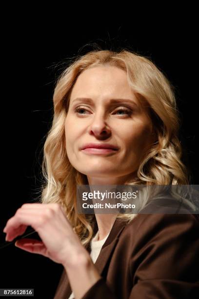 TheCEO of Eastern Europe branch of David Lynch Foundation Olga Diakova is seen at the press-conference in Kyiv, Ukraine, Friday, Nov. 17, 2017. Lynch...