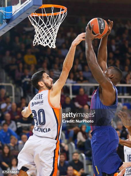 Kevin Seraphin and Joan Sastre during the match between FC Barcelona v Anadolou Efes corresponding to the week 8 of the basketball Euroleague, in...