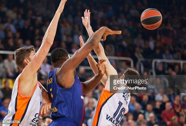 Guillem Vives, Kevin Seraphin and Tibor Weiss during the match between FC Barcelona v Anadolou Efes corresponding to the week 8 of the basketball...