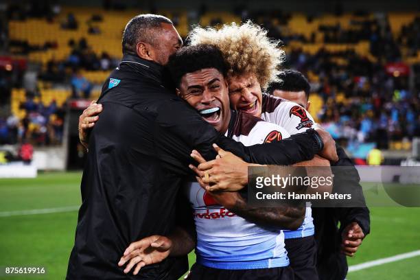 Kevin Naiqama of Fiji celebrates after winning the 2017 Rugby League World Cup Quarter Final match between New Zealand and Fiji at Westpac Stadium on...