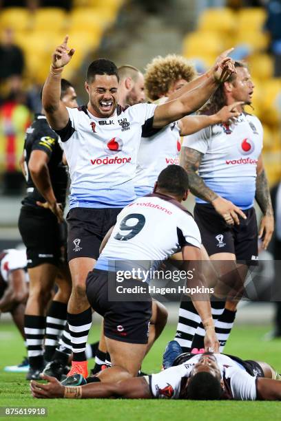 Jarryd Hayne and Apisai Koroisau of Fiji celebrate the win during the 2017 Rugby League World Cup Quarter Final match between New Zealand and Fiji at...