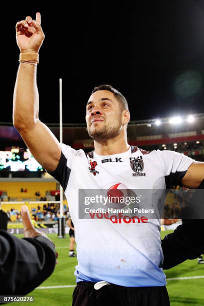 Jarryd Hayne of Fiji celebrates after winning the 2017 Rugby League World Cup Quarter Final match between New Zealand and Fiji at Westpac Stadium on...