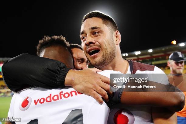 Jarryd Hayne of Fiji celebrates after winning the 2017 Rugby League World Cup Quarter Final match between New Zealand and Fiji at Westpac Stadium on...