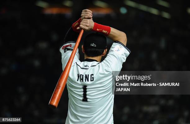 Outfielder Yang Dai-Kang of Chinese Taipei warms up prior to the Eneos Asia Professional Baseball Championship 2017 game between Chinese Taipei and...