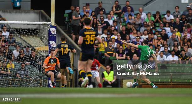 Perth , Australia - 18 November 2017; Gary Brennan of Ireland scores his side's first goal during the Virgin Australia International Rules Series 2nd...