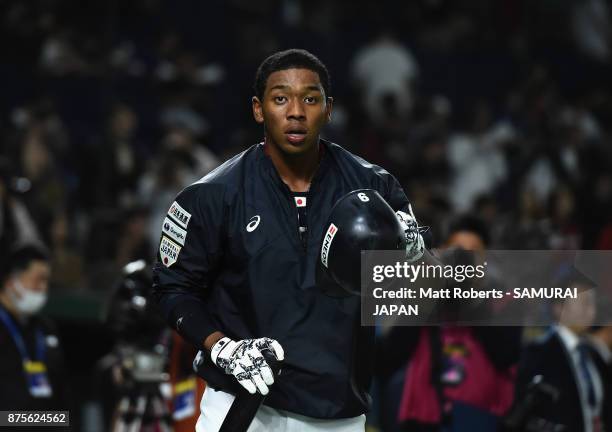 Outfielder Louis Okoye of Japan is seen prior to the Eneos Asia Professional Baseball Championship 2017 game between Chinese Taipei and Japan at...