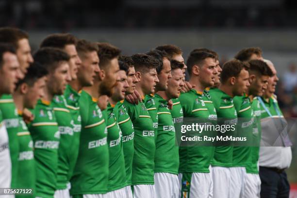 Perth , Australia - 18 November 2017; Darren Hughes and his Ireland teammates stand for the anthem during the Virgin Australia International Rules...