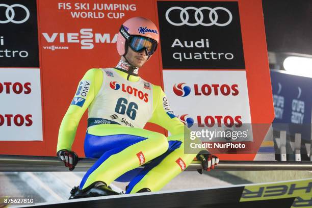 Manuel Fettner , competes in the training session during the FIS Ski Jumping World Cup on November 17, 2017 in Wisla, Poland.