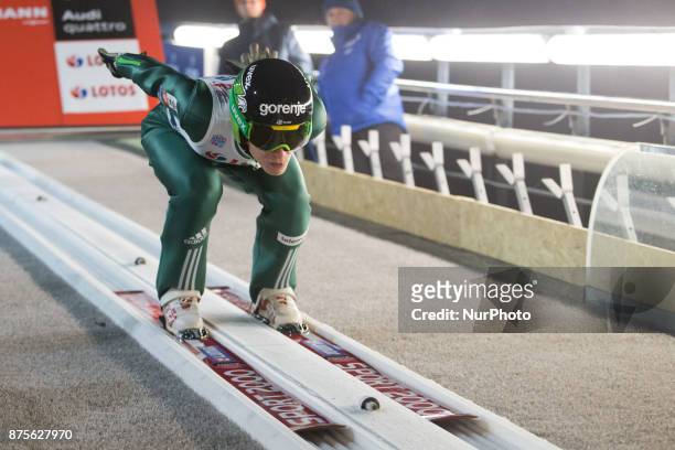 Jurij Tepes , competes in the training session during the FIS Ski Jumping World Cup on November 17, 2017 in Wisla, Poland.