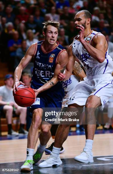 Nathan Sobey of the 36ers competes with Perry Ellis of the Sydney Kings during the round seven NBL match between Adelaide 36ers and the Sydney Kings...