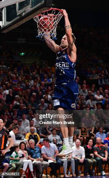 Nathan Sobey of the 36ers slam dunks during the round seven NBL match between Adelaide 36ers and the Sydney Kings at Titanium Security Arena on...