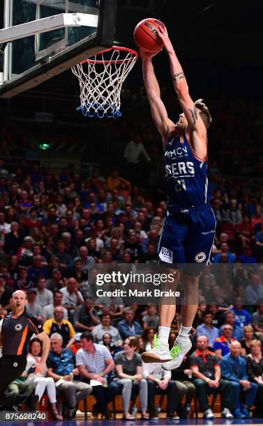 Nathan Sobey of the 36ers slam dunks during the round seven NBL match between Adelaide 36ers and the Sydney Kings at Titanium Security Arena on...