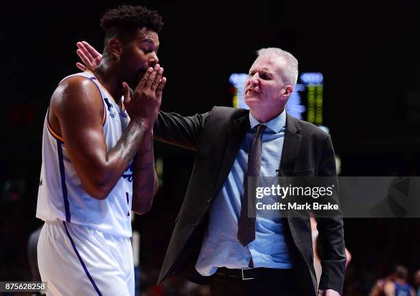 Sydeny Kings Coach Andrew Gaze consoles Jeremy Tyler of the Sydney Kings during the round seven NBL match between Adelaide 36ers and the Sydney Kings...