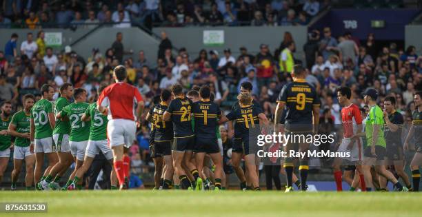 Perth , Australia - 18 November 2017; Players from both sides become involved in a scuffle as they head to the changing rooms at half time in the...