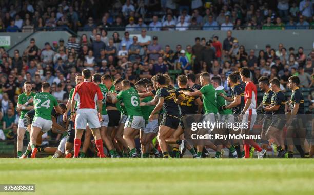 Perth , Australia - 18 November 2017; Players from both sides become involved in a scuffle as they head to the changing rooms at half time in the...