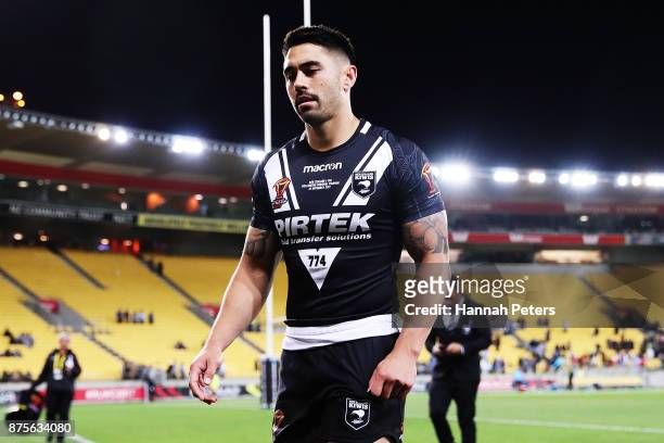 Shaun Johnson of the Kiwis walks off after losing the 2017 Rugby League World Cup Quarter Final match between New Zealand and Fiji at Westpac Stadium...
