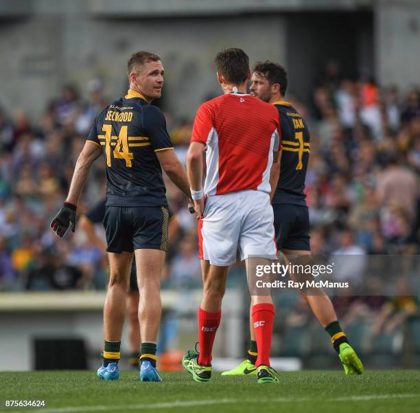Perth , Australia - 18 November 2017; Joel Selwood of Australia reacts after been shown a black card by Referee Matt Stevic during the Virgin...