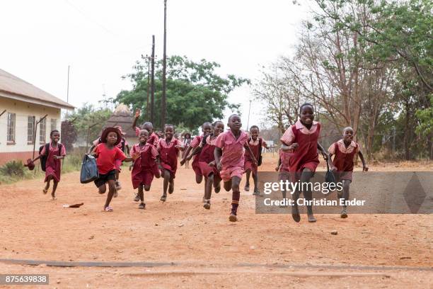 Zimbabwe, Banket A group of young school boys with red school dress at the 'Sacred heart high school' in Banket are running to the photographer