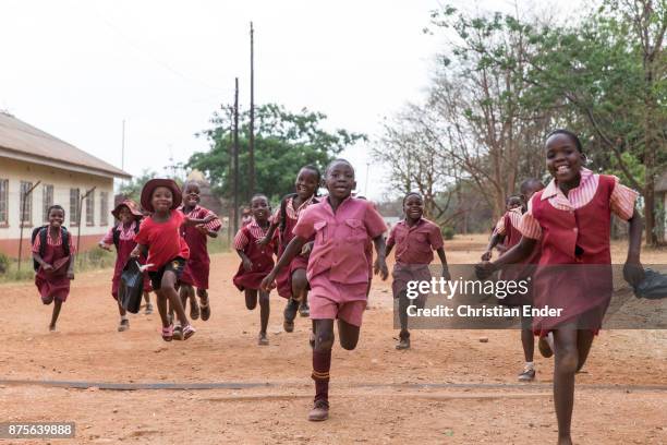 Zimbabwe, Banket A group of young school boys with red school dress at the 'Sacred heart high school' in Banket are running to the photographer