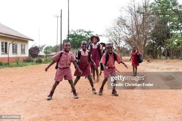 Zimbabwe, Banket A group of young school boys with red school dress at the 'Sacred heart high school' in Banket are running to the photographer