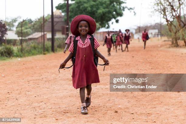Zimbabwe, Banket A young school girl with red school dress at the 'Sacred heart high school' in Banket is smiling to the photographer.