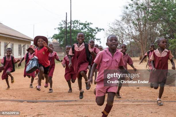 Zimbabwe, Banket A group of young school boys with red school dress at the 'Sacred heart high school' in Banket are running to the photographer