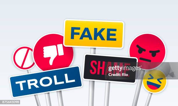 stockillustraties, clipart, cartoons en iconen met sociale media trollen woede pesten - vervalsing