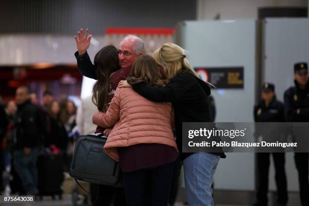 Former mayor of Caracas, Antonio Ledezma meets his wife Mitzy Capriles and daughters at his arrival to Adolfo Suarez Madrid Barajas Airport on...