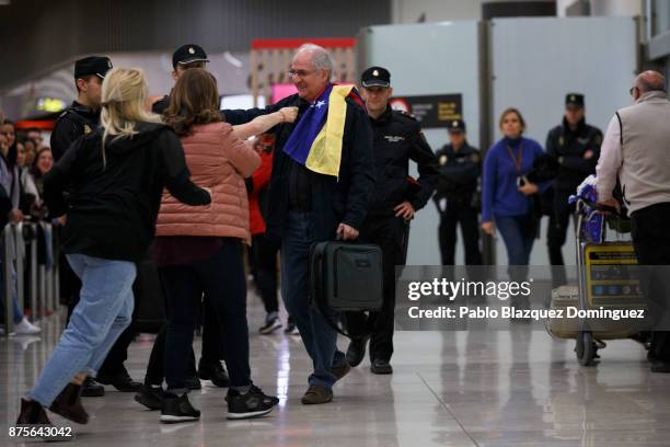 Former mayor of Caracas, Antonio Ledezma meets his wife Mitzy Capriles and daughters at his arrival to Adolfo Suarez Madrid Barajas Airport on...