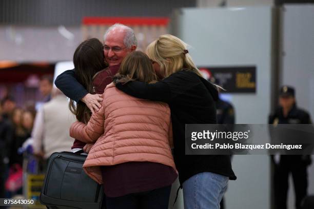 Former mayor of Caracas, Antonio Ledezma meets his wife Mitzy Capriles and daughters at his arrival to Adolfo Suarez Madrid Barajas Airport on...